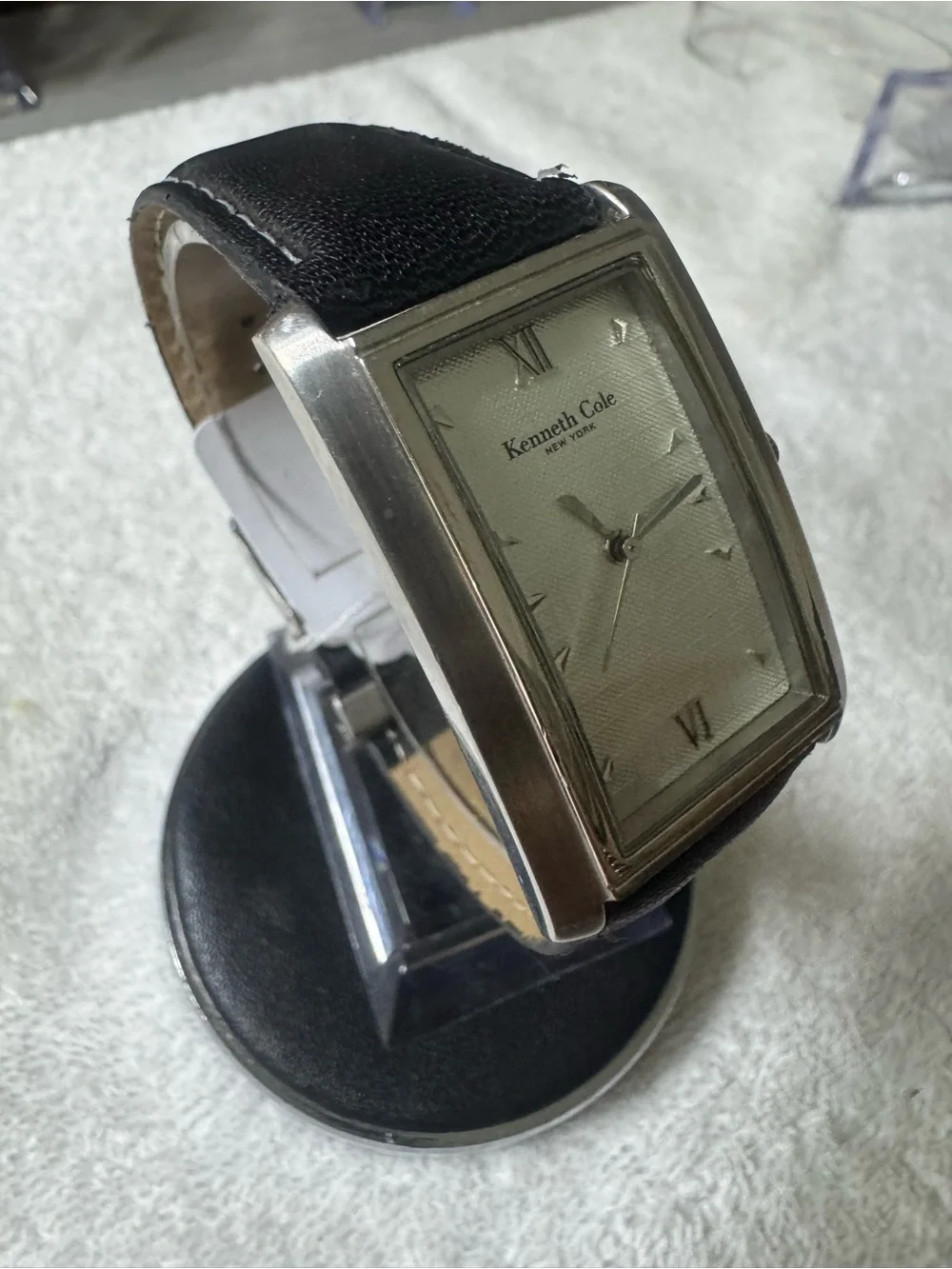 Kenneth Cole Silver Rectangular Case Watch with Black Leather Strap